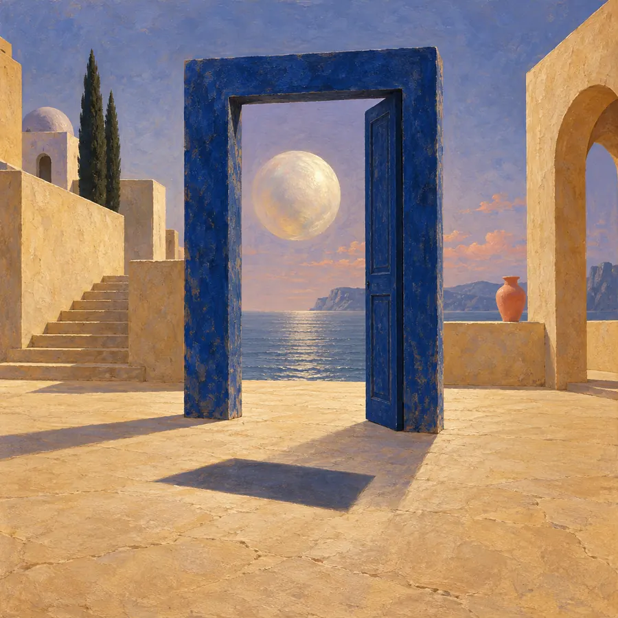 Surrealistische Traumarchitektur mit blauem Tor und schwebendem Mond